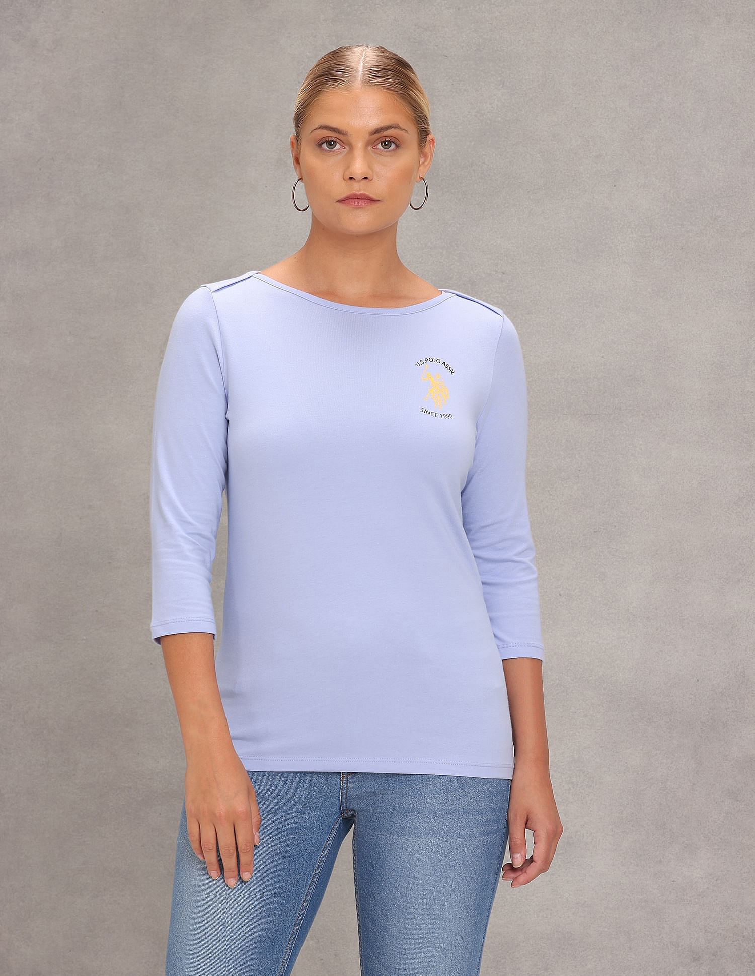 U.S. Polo Assn. Women Boat Neck Solid Knit T-Shirt