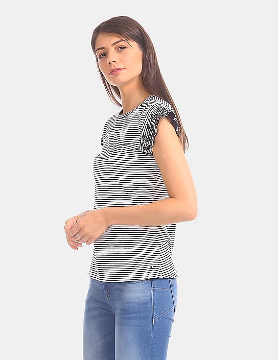 U.S. Polo Assn. Women White Cap Sleeve Striped Top