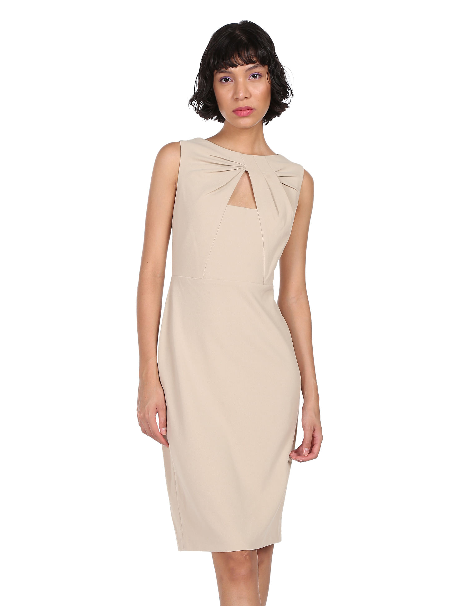 Buy Calvin Klein Women Beige Solid Keyhole Sheath Dress 