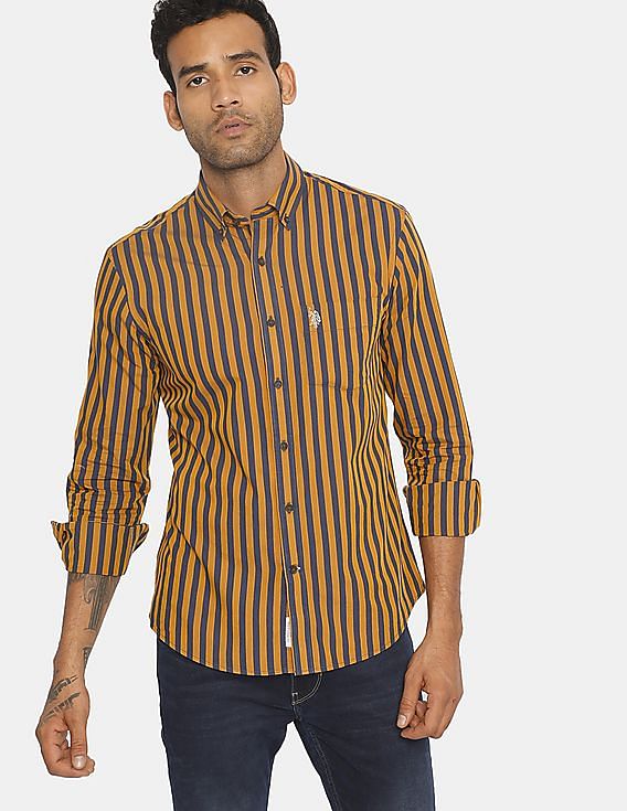 Buy . Polo Assn. Men Mustard And Navy Patch Pocket Striped Casual Shirt  
