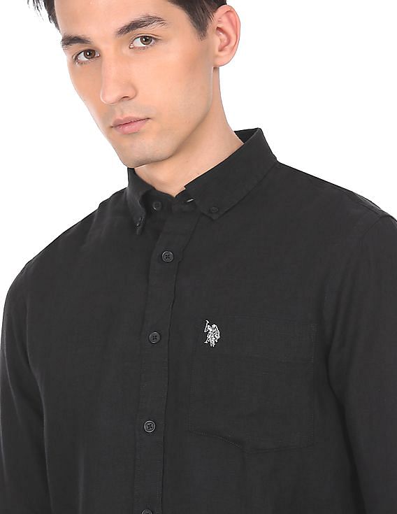 Buy . Polo Assn. Men Black Button Down Collar Linen Solid Casual Shirt -  