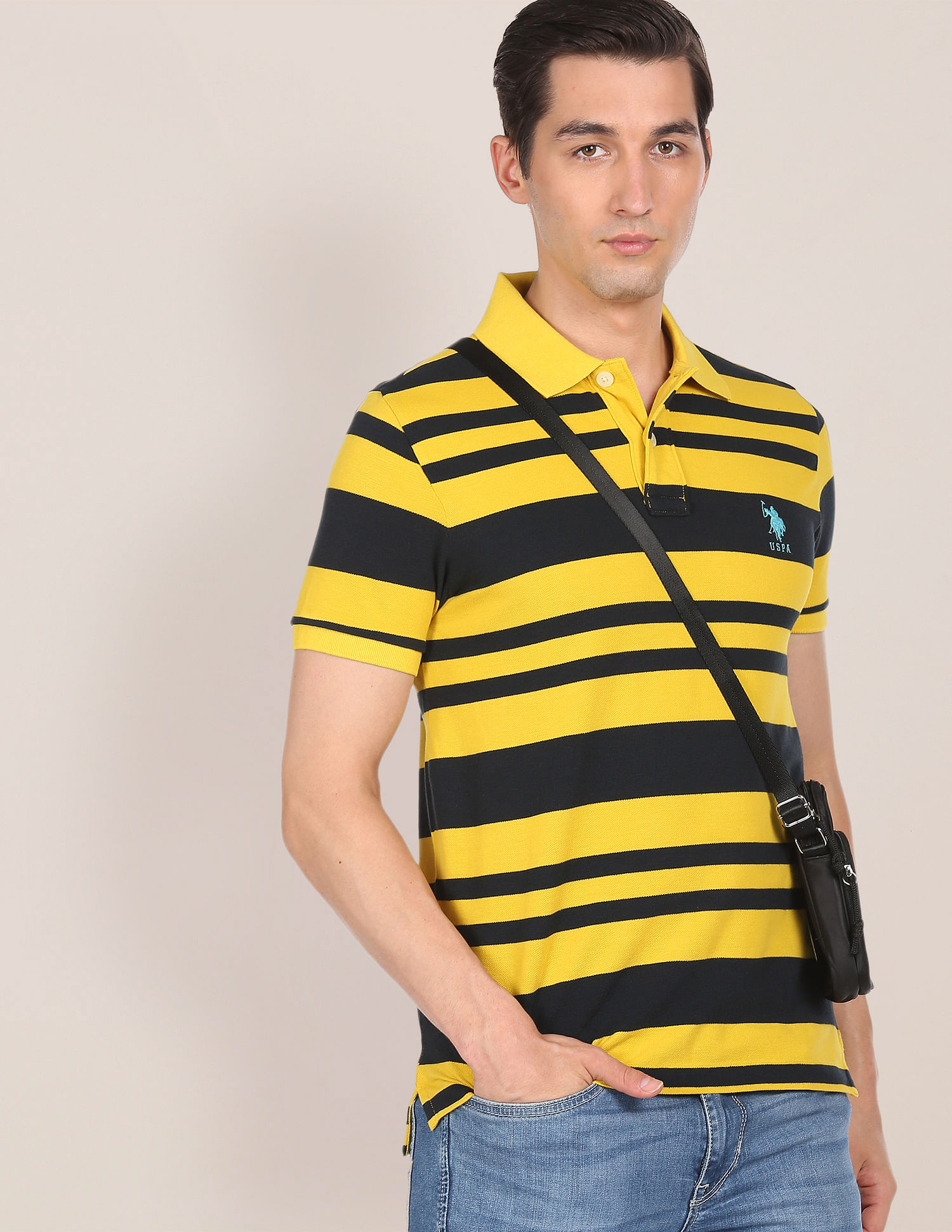 U.S. Polo Assn. Men Yellow Ribbed Collar Pique Polo Shirt