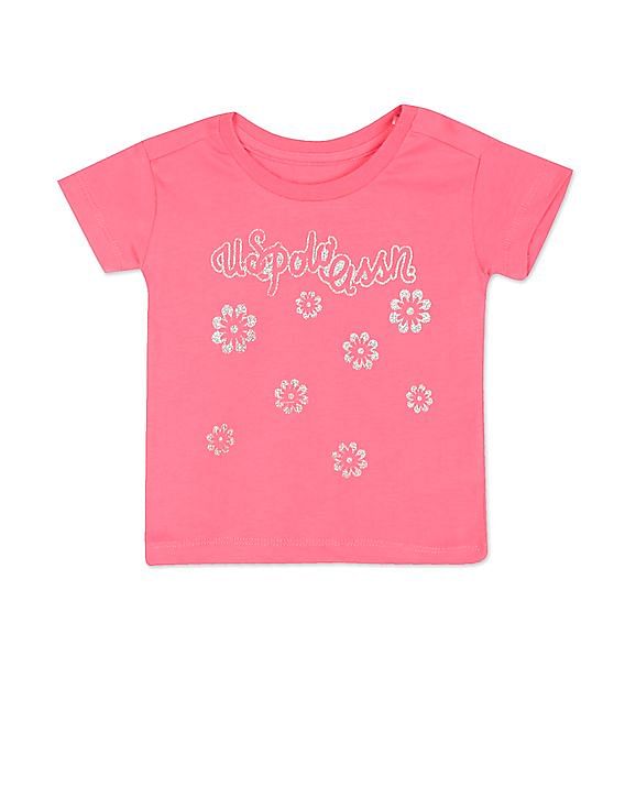 U.S. Polo Assn. Kids Girls Pink Crew Neck Graphic Print T-Shirt