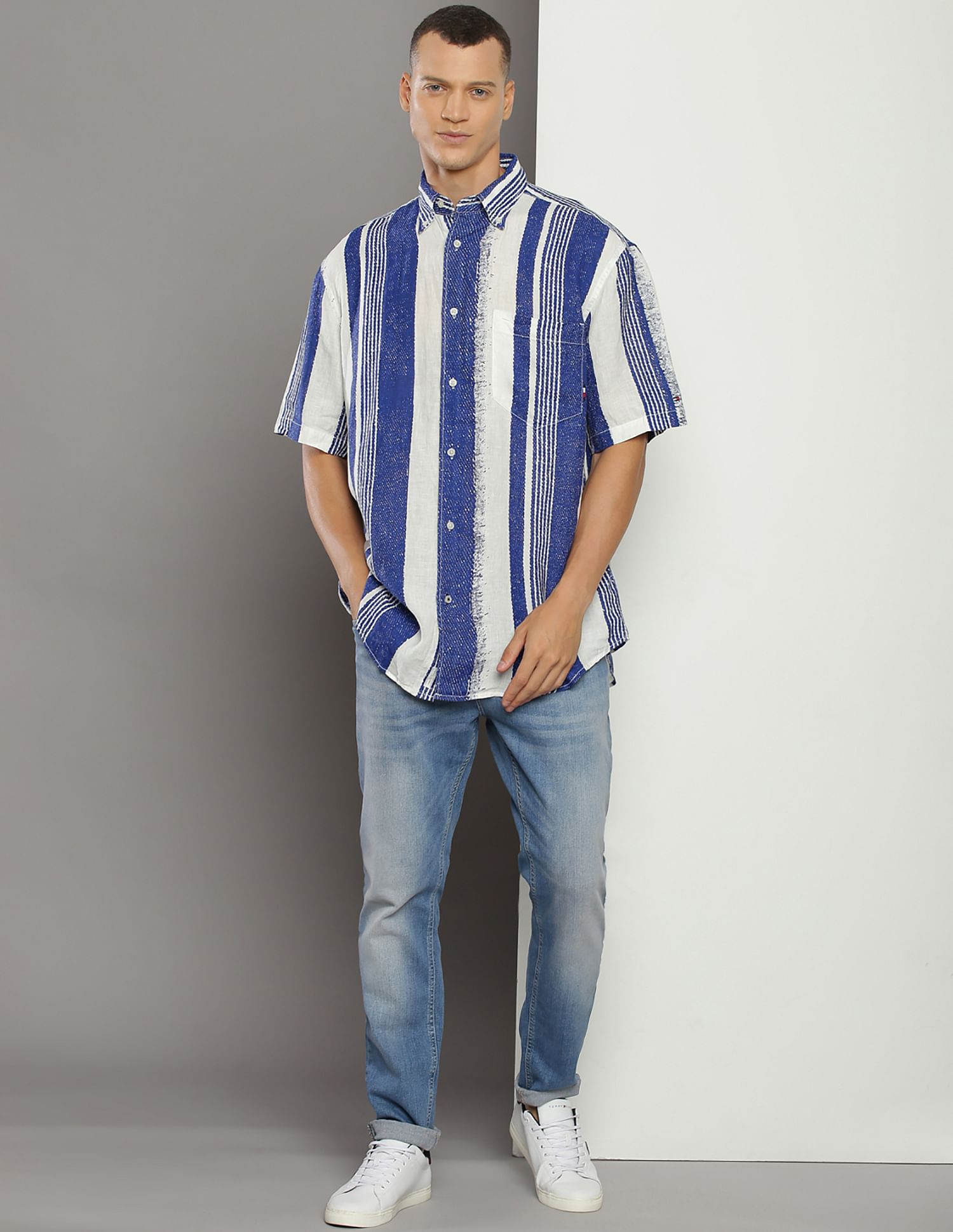 Tommy Hilfiger Hand Painted Stripe Relaxed Fit Linen Shirt