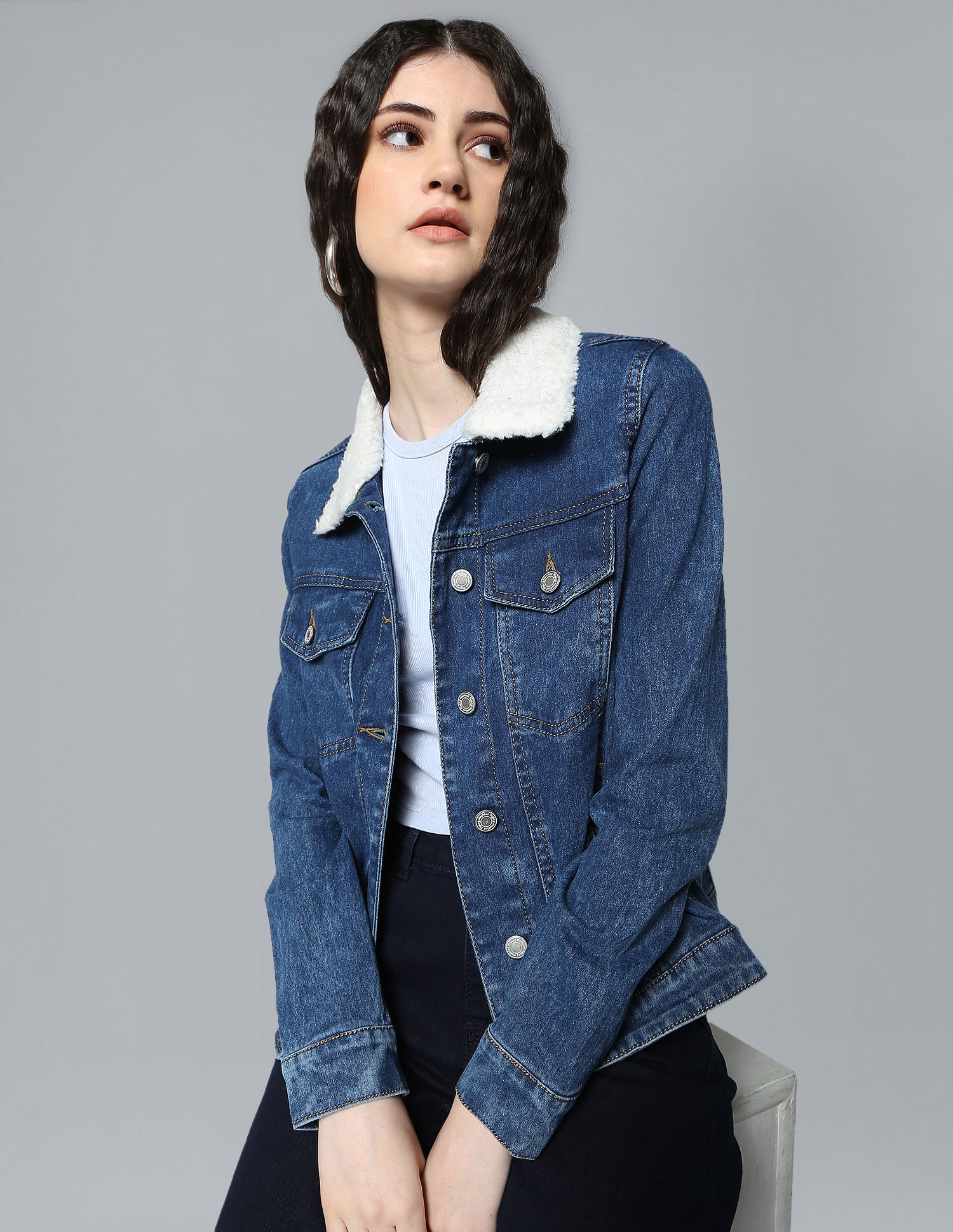 Buy online Sherpa Collar Denim Jacket from jackets and blazers and coats  for Women by Fosh for 1299 at 35 off  2023 Limeroadcom