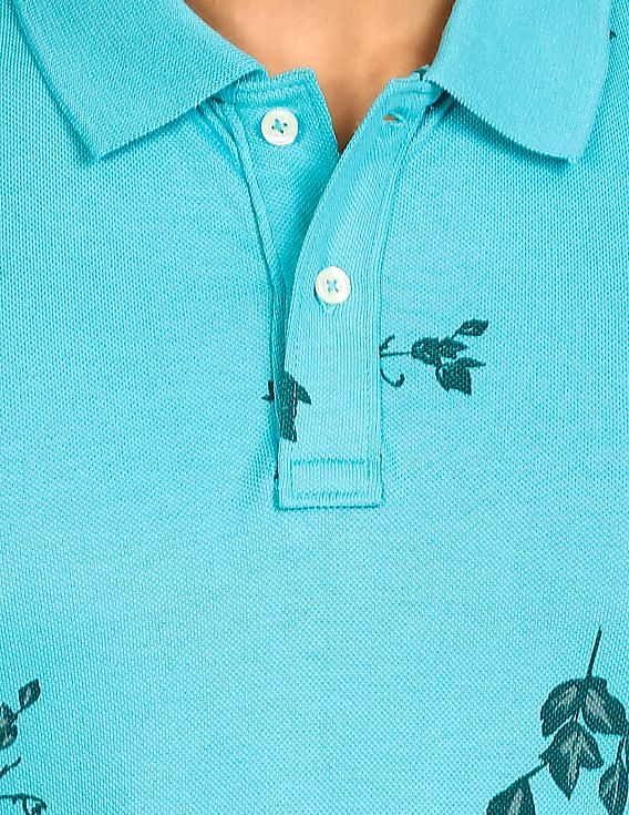 Aeropostale Men Turquoise Cotton Floral Print Polo Shirt