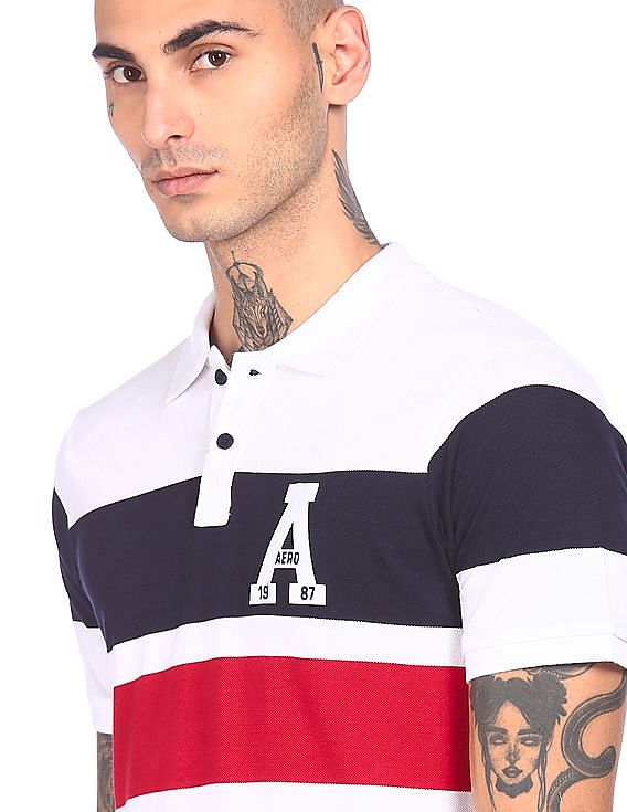 Aeropostale Men White Short Sleeve Colour Block Polo Shirt