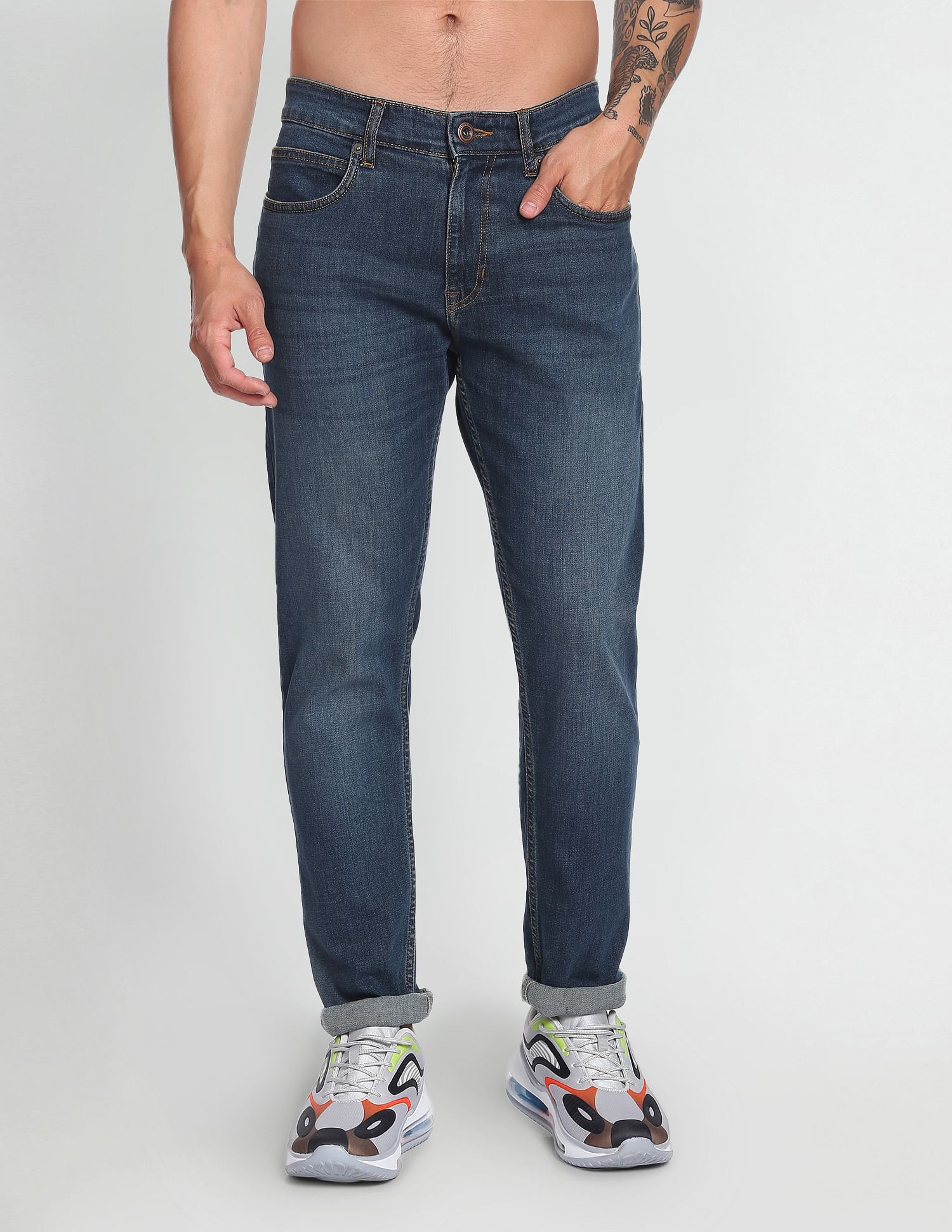 Flying Machine Mid Rise Slash Slim Tapered Jeans