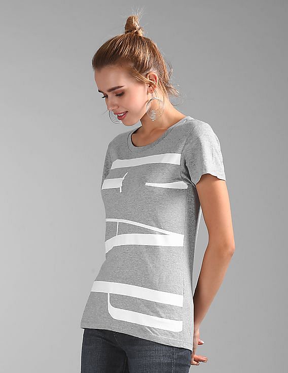GAP Women Grey Crew Neck Logo Print T-Shirt