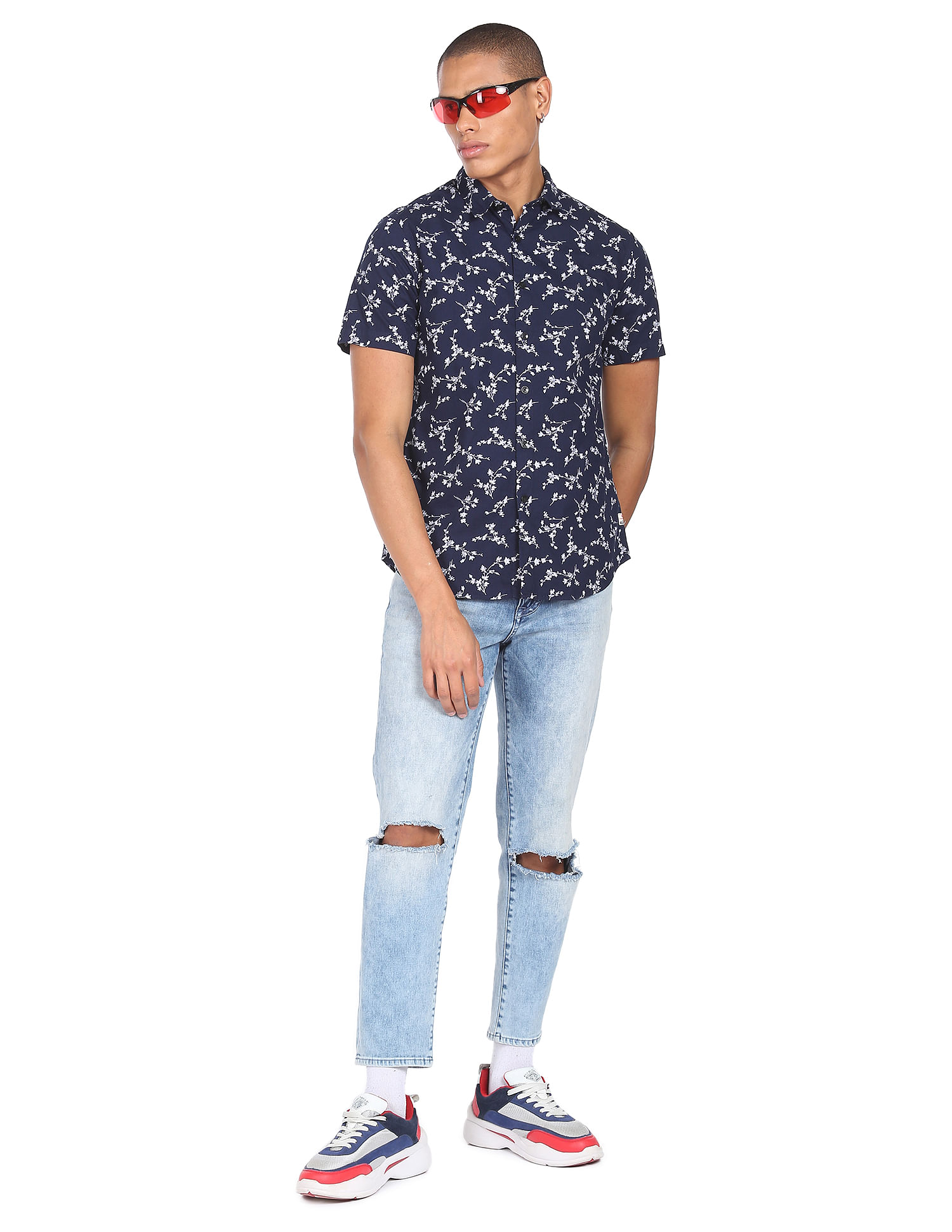 Flying Machine Short Sleeve Floral Print Cotton Shirt