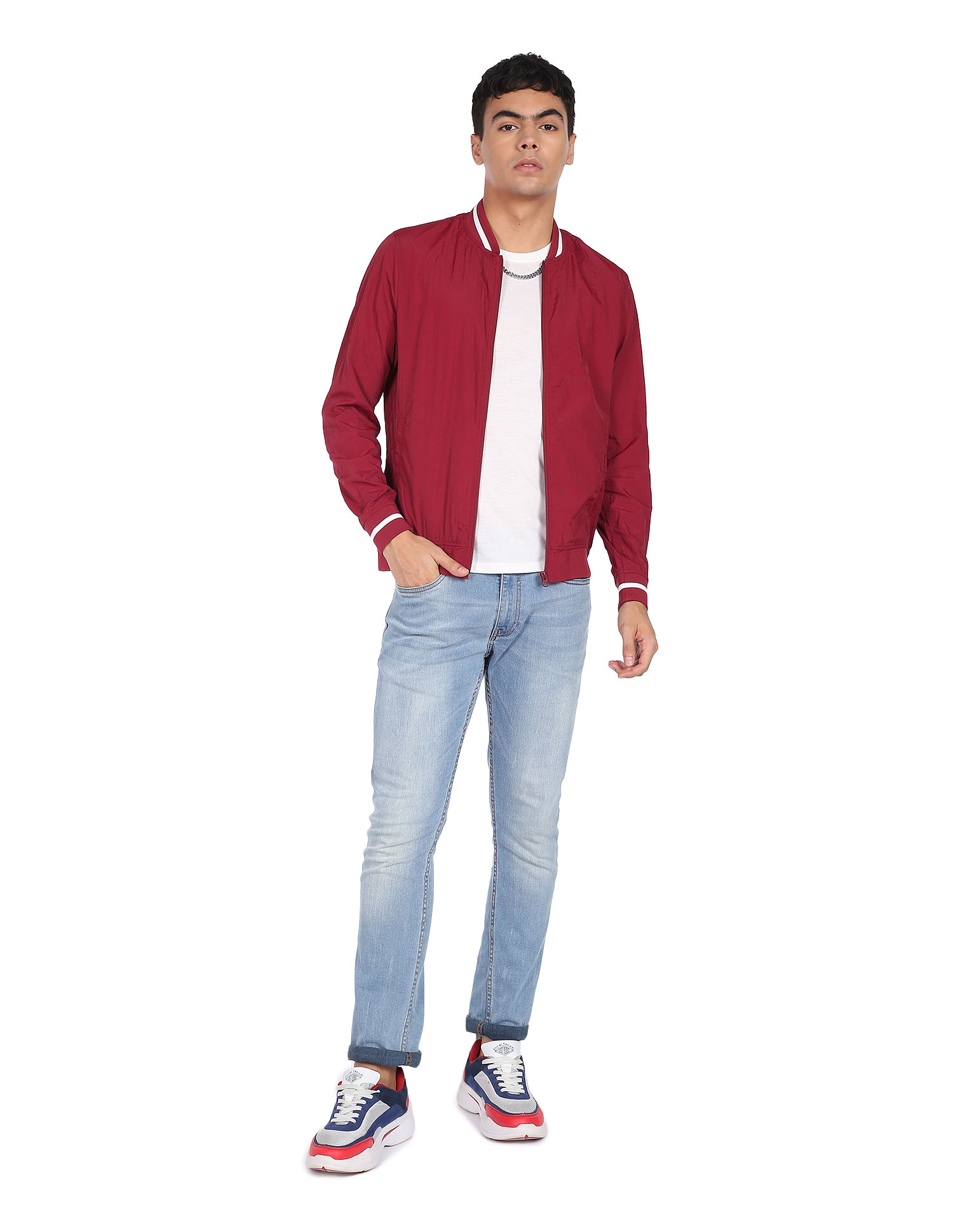 Flying Machine Solid Stand Collar Bomber Jacket
