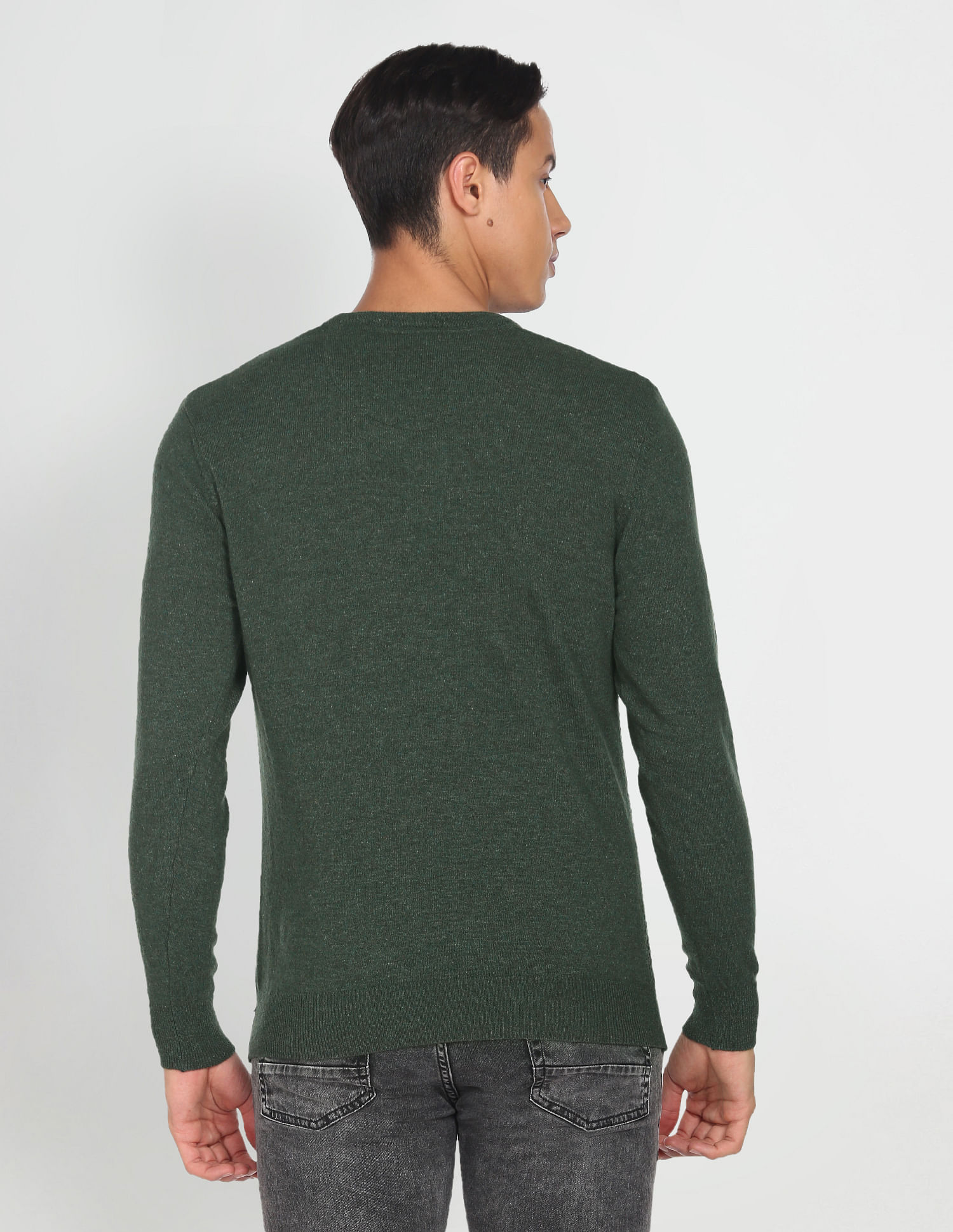 Buy Arrow Sports Men Dark Green Crew Neck Textured Long Sleeve