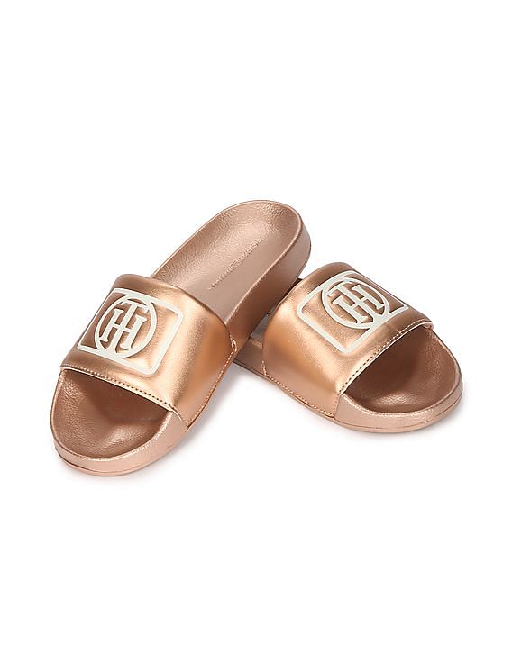 Buy Tommy Hilfiger Women Rose Gold Debossed Logo Metallic Pool Slides NNNOW