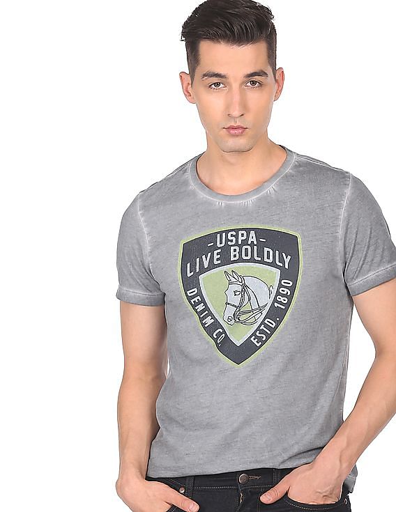 U.S. Polo Assn. Denim Co. Men Grey Cotton Faded Graphic Print T-Shirt