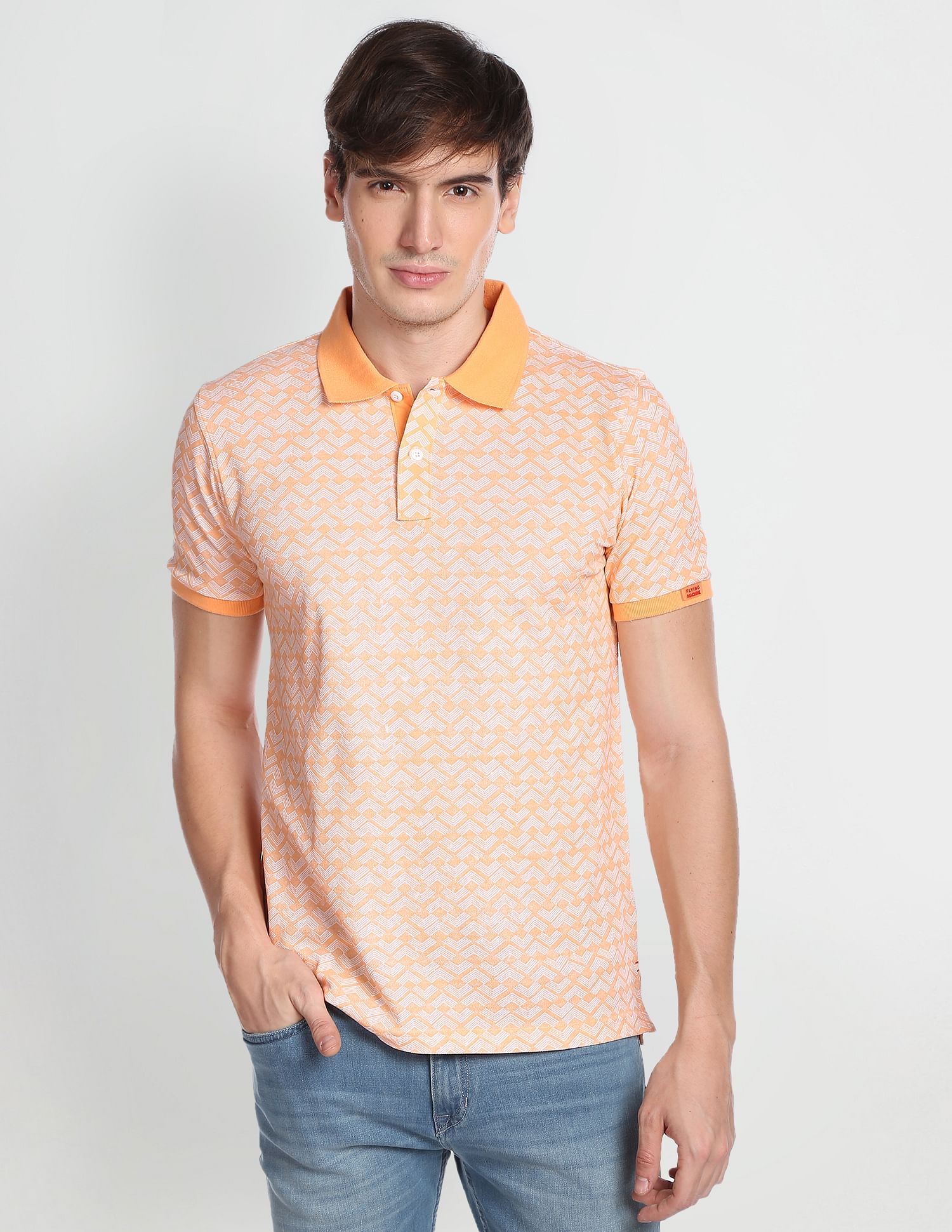 Flying Machine Geometric Print Cotton Polo Shirt