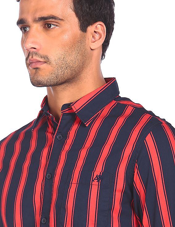Aeropostale Men Dark Blue And Coral Spread Collar Striped Casual Shirt