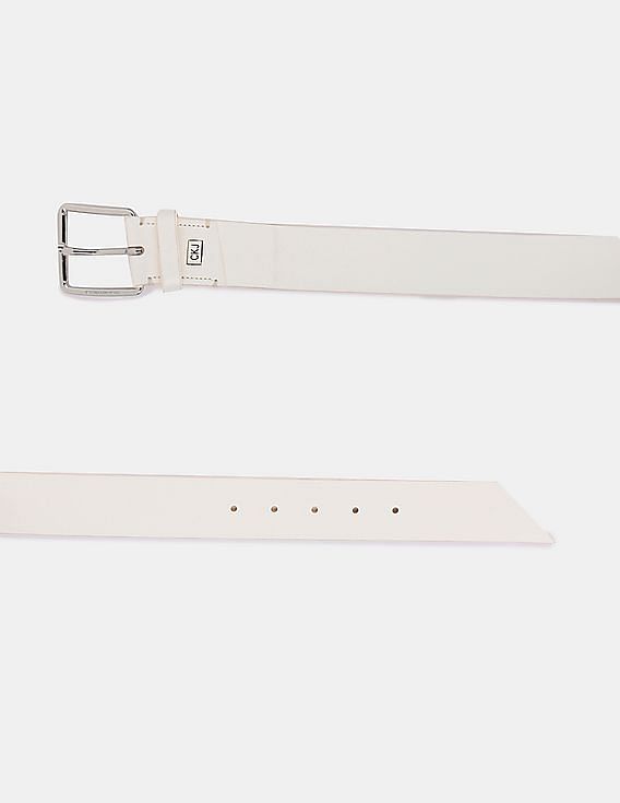 Calvin Klein Men Off White Metallic Buckle Closure Banner Leather Belt