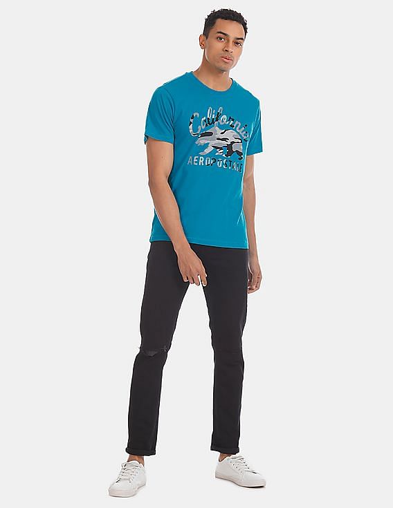 Buy Aeropostale Blue Ribbed Neck Printed T-Shirt 