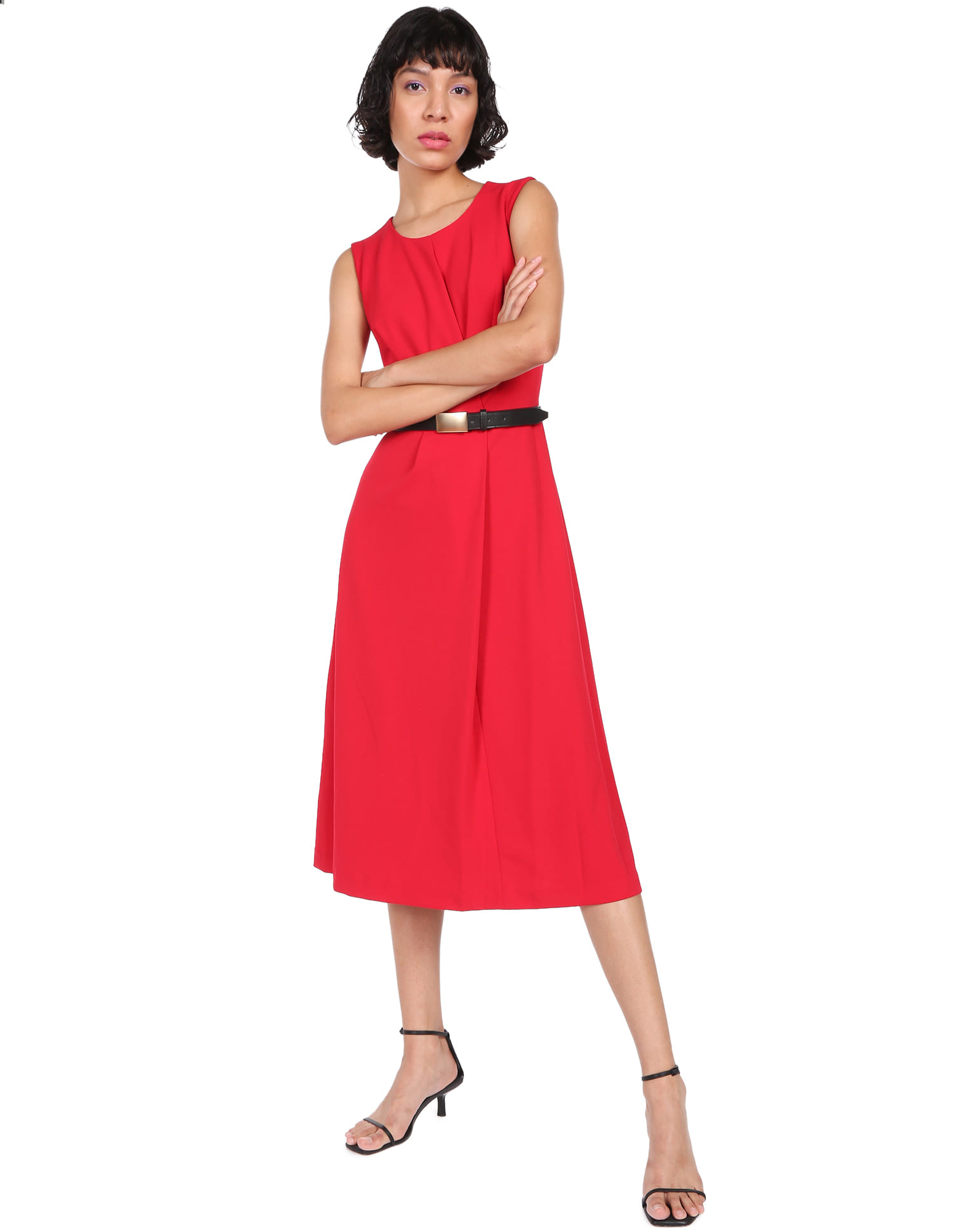 Buy Calvin Klein Women Red Solid A-line Belted Dress