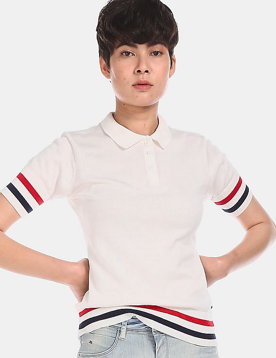 U.S. Polo Assn. Women Off-White Short Sleeve With Ribbed Hems Striped Pique Polo Shirt