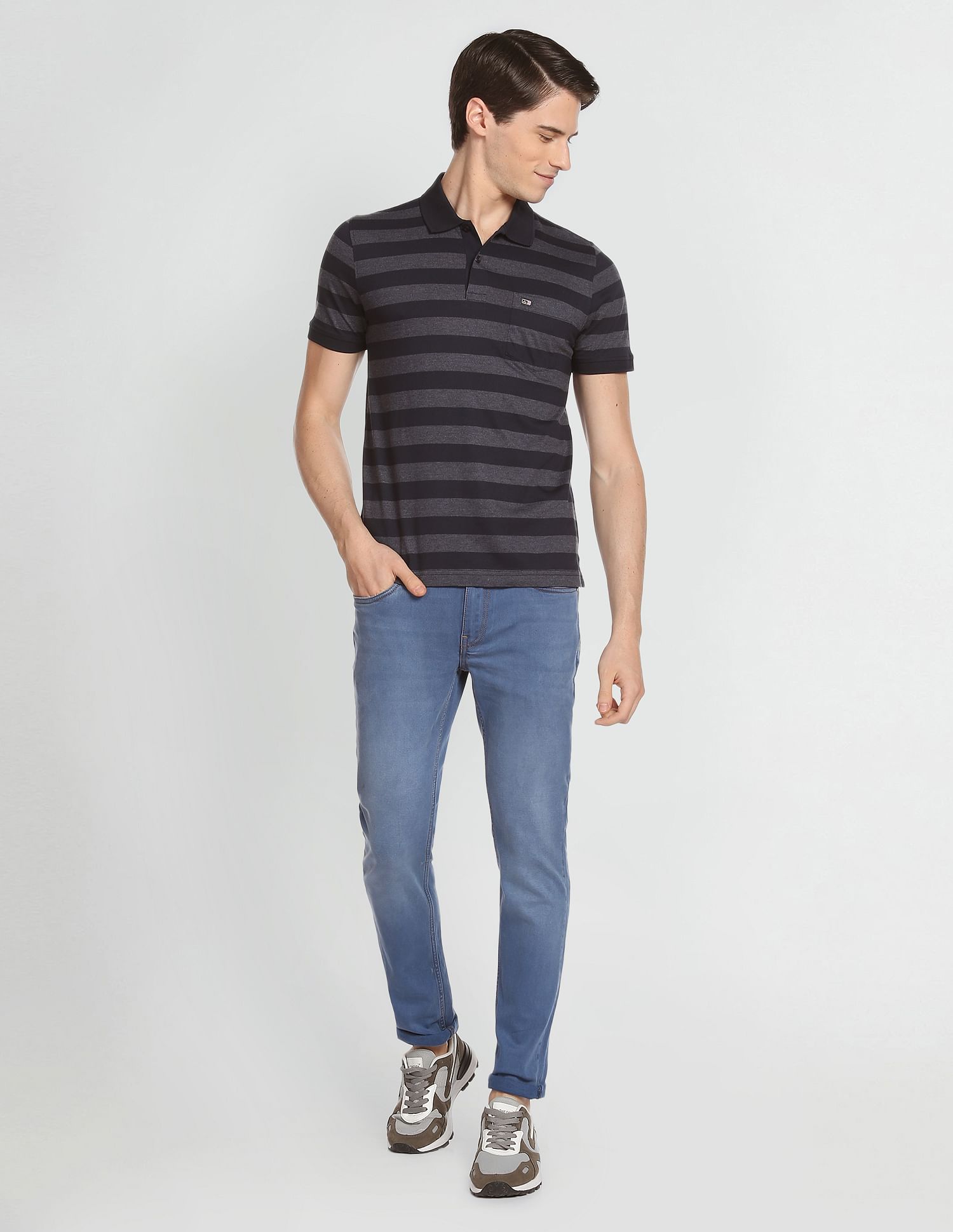 Arrow Sports Ribbed Collar Horizontal Stripe Polo Shirt