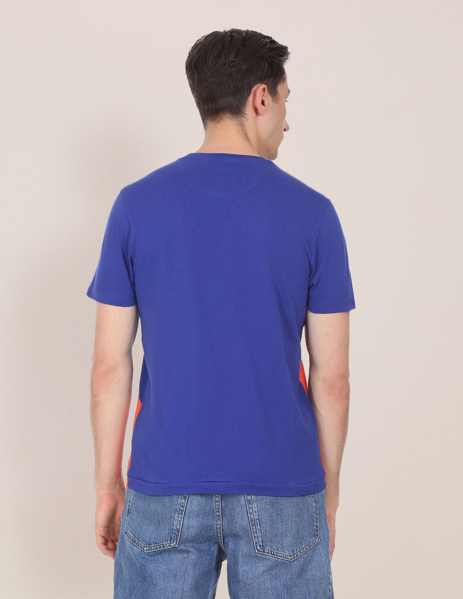 U.S. Polo Assn. Men Blue And Orange Cotton Colour Block T-Shirt
