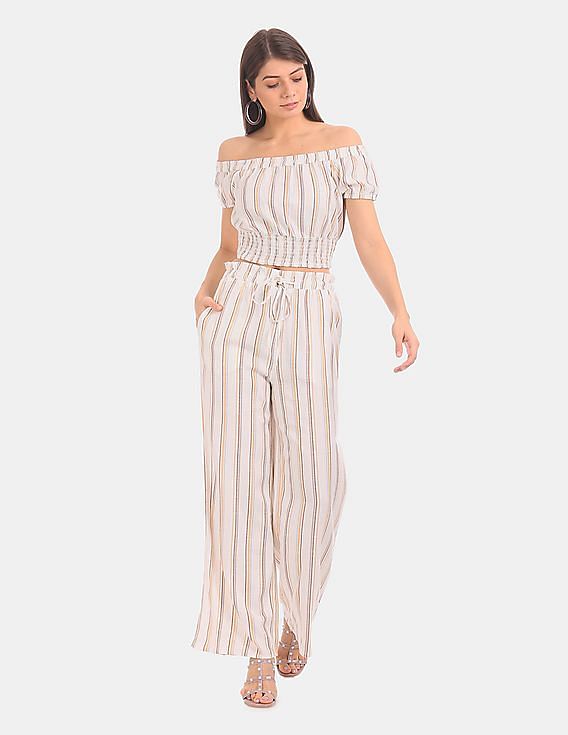Aeropostale Women Cream Striped Off-Shoulder Crop Top