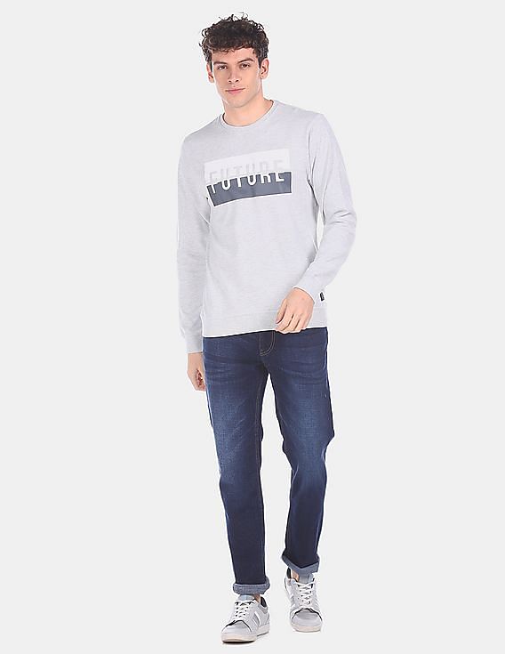 Flying Machine Ribbed Crew Neck Printed Sweatshirt