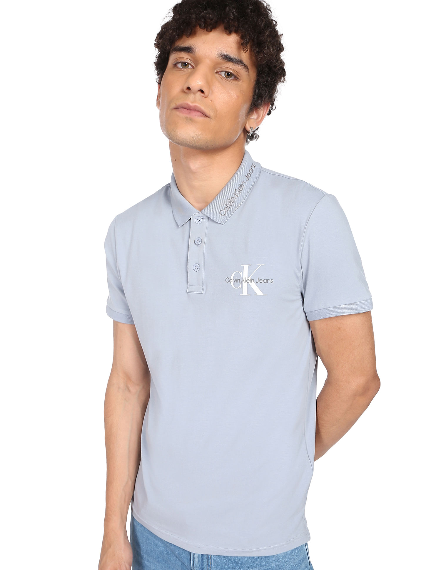 Buy Calvin Klein Men Blue Solid Cotton polo Shirt 