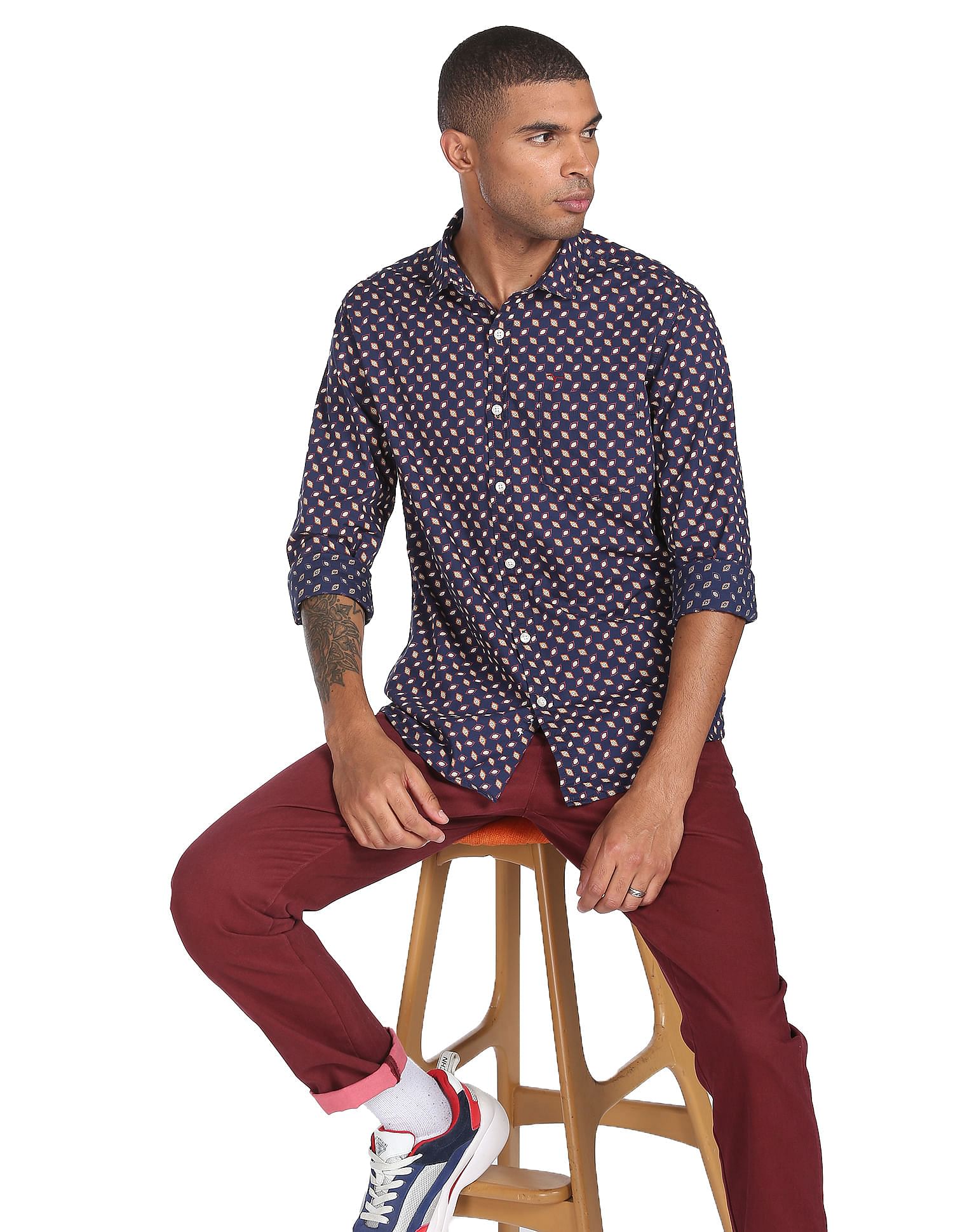 Flying Machine Spread Collar Geometric Print Shirt