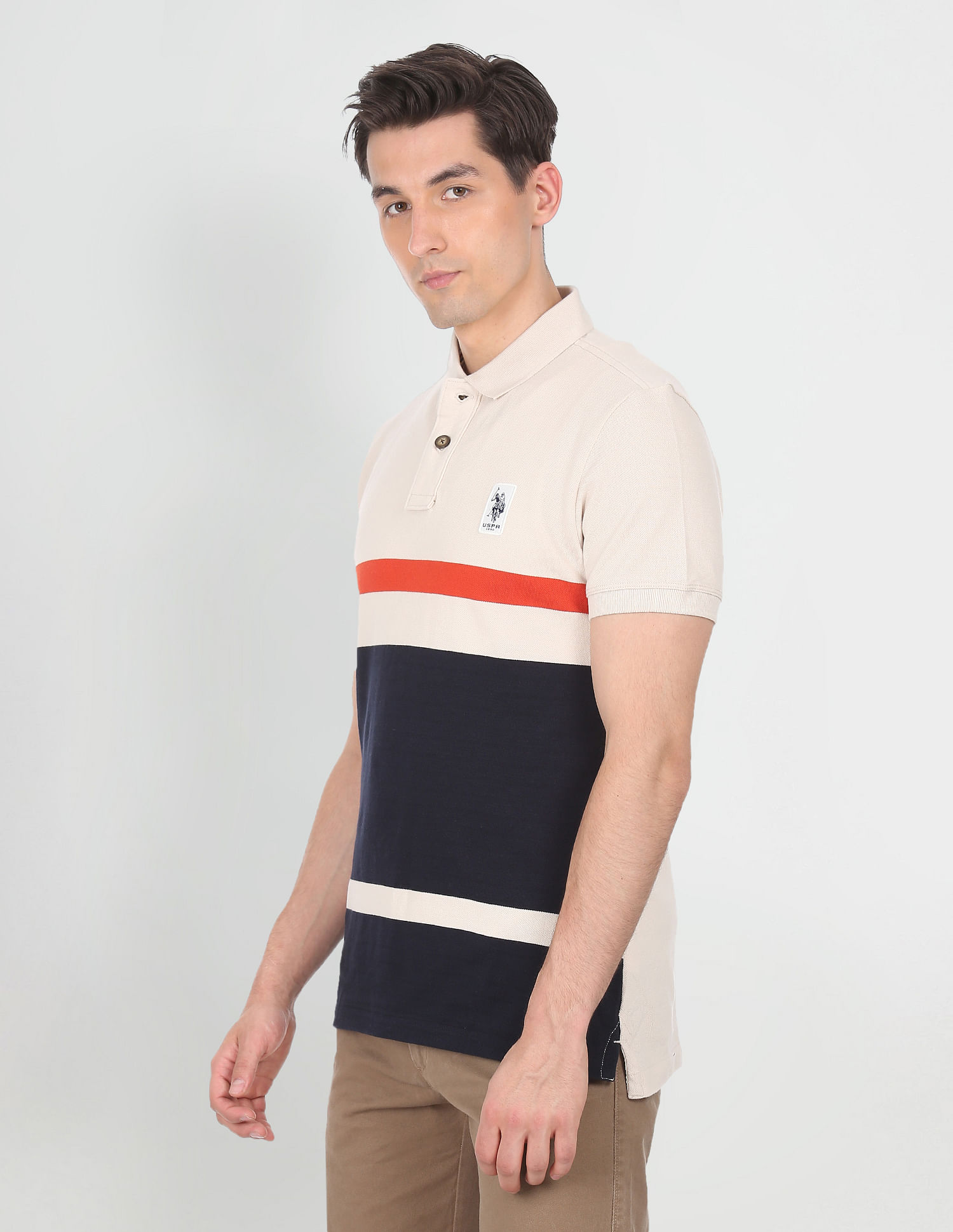 U.S. Polo Assn. Denim Co. Men Beige Pique Colour Block Polo Shirt