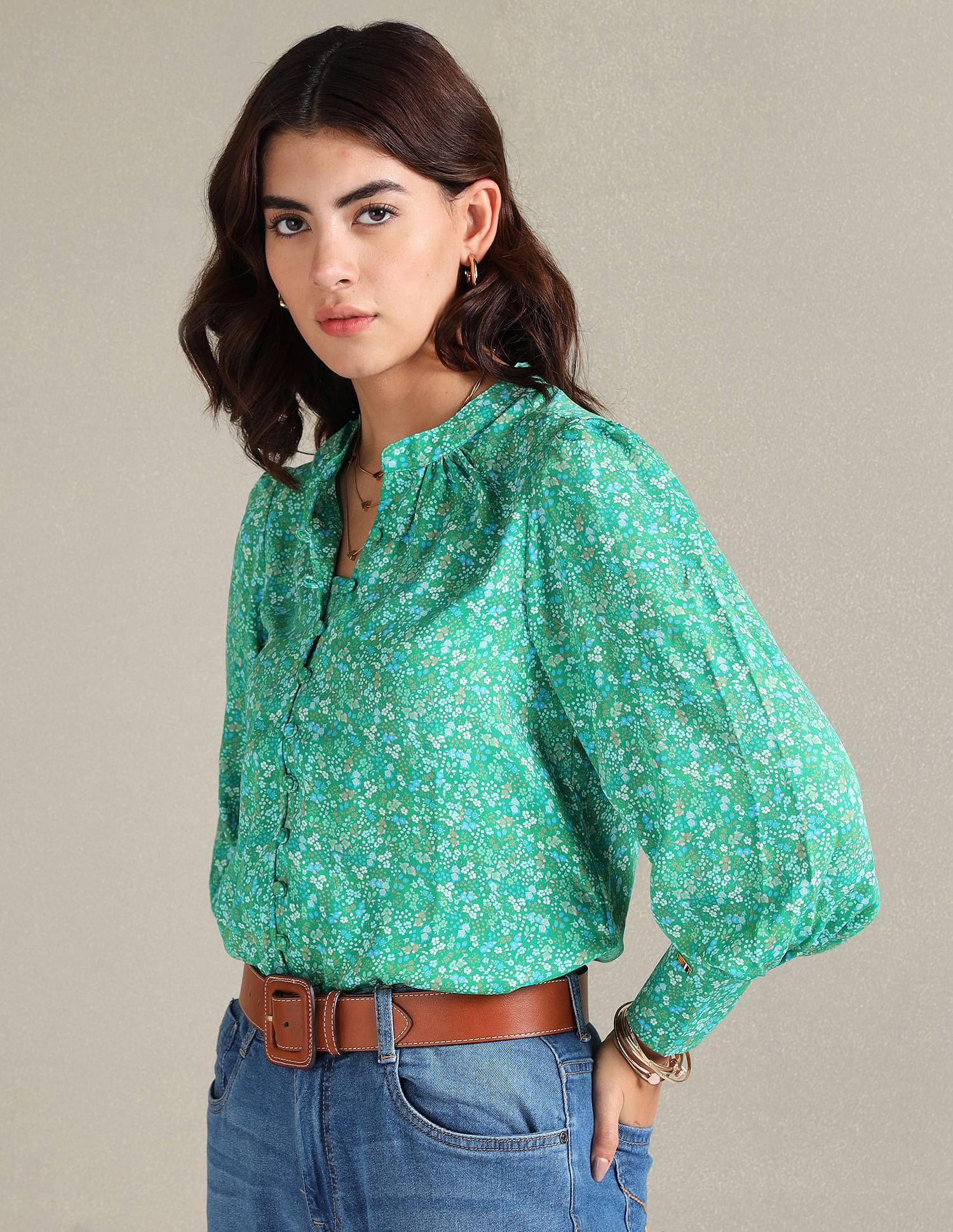 U.S. Polo Assn. Women Mandarin Collar Floral Print Shirt