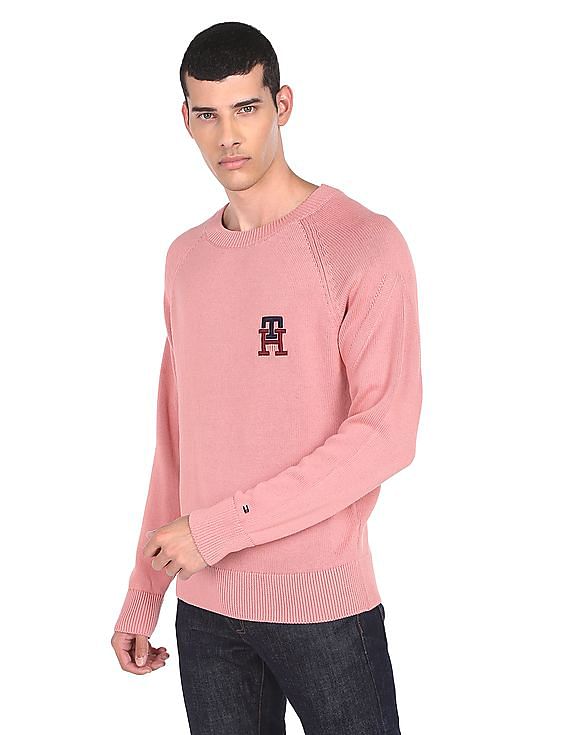 Buy Tommy Hilfiger Crew Monogram Men Neck Solid Pink Sweatshirt American