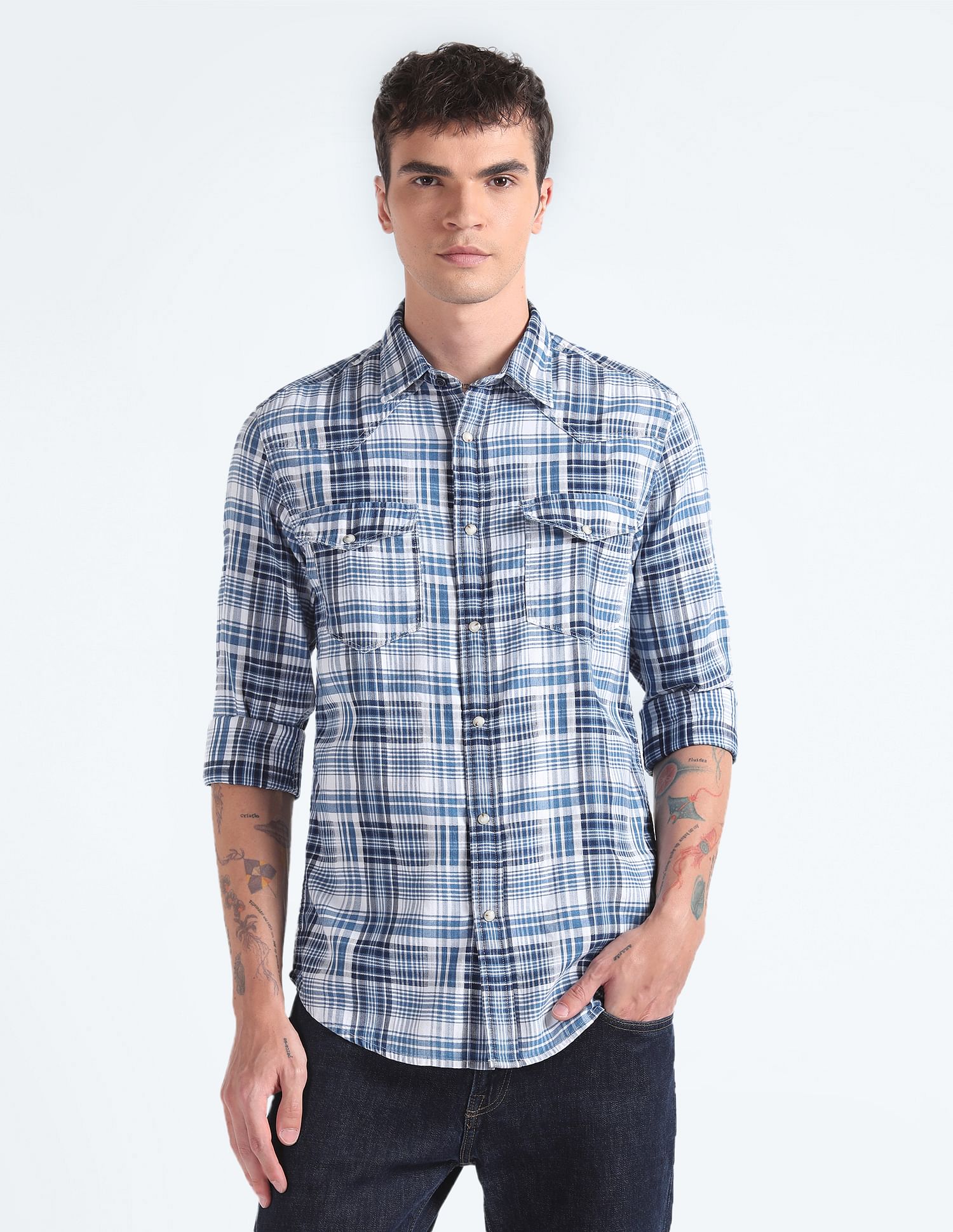 Flying Machine Tartan Check Herringbone Shirt