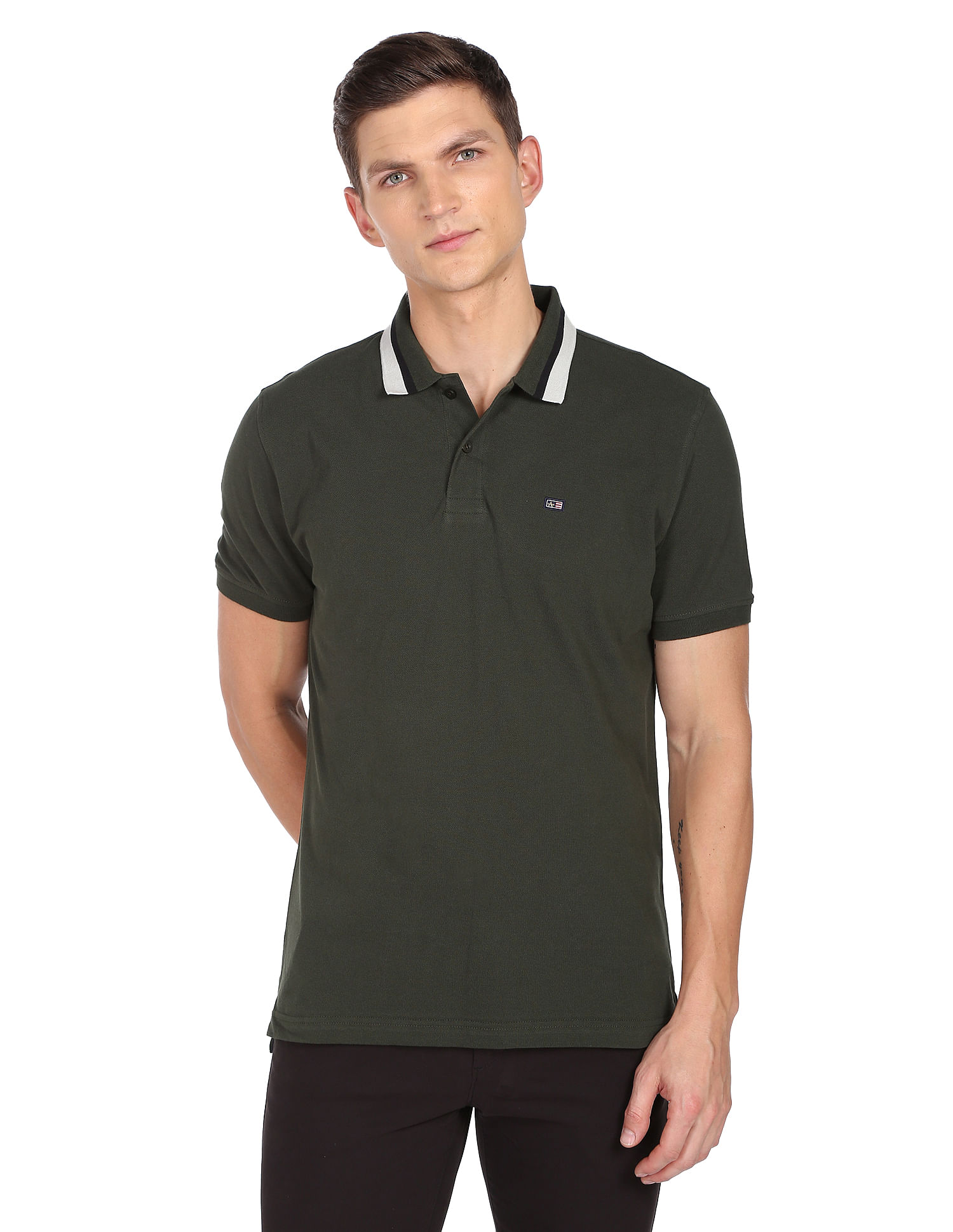 Arrow Sports Striped Collar Pique Cotton Solid Polo Shirt