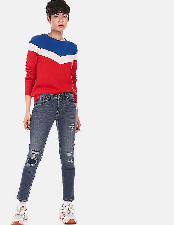 U.S. Polo Assn. Women Crew Neck Colour Block Sweater