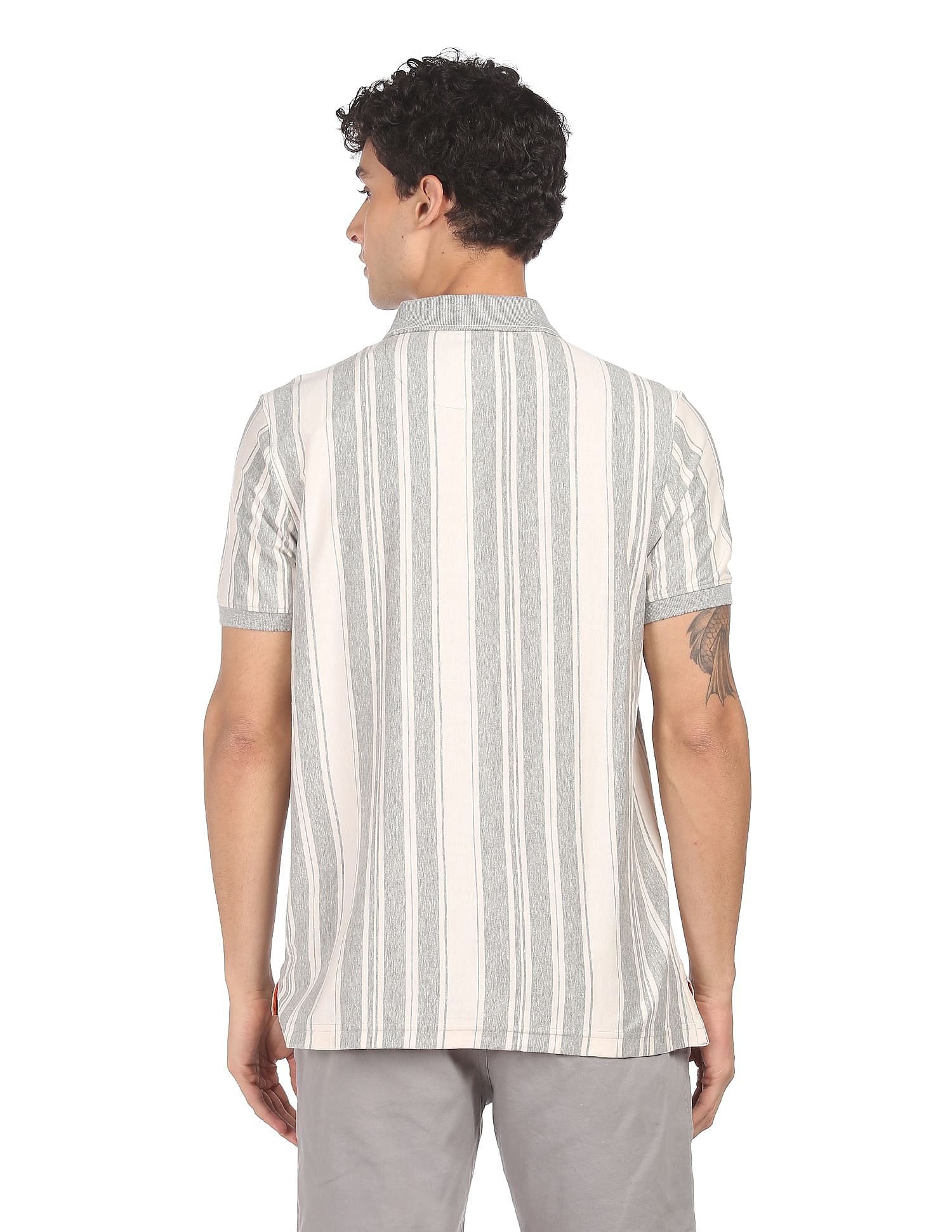 AD by Arvind Cotton Vertical Striped Polo Shirt