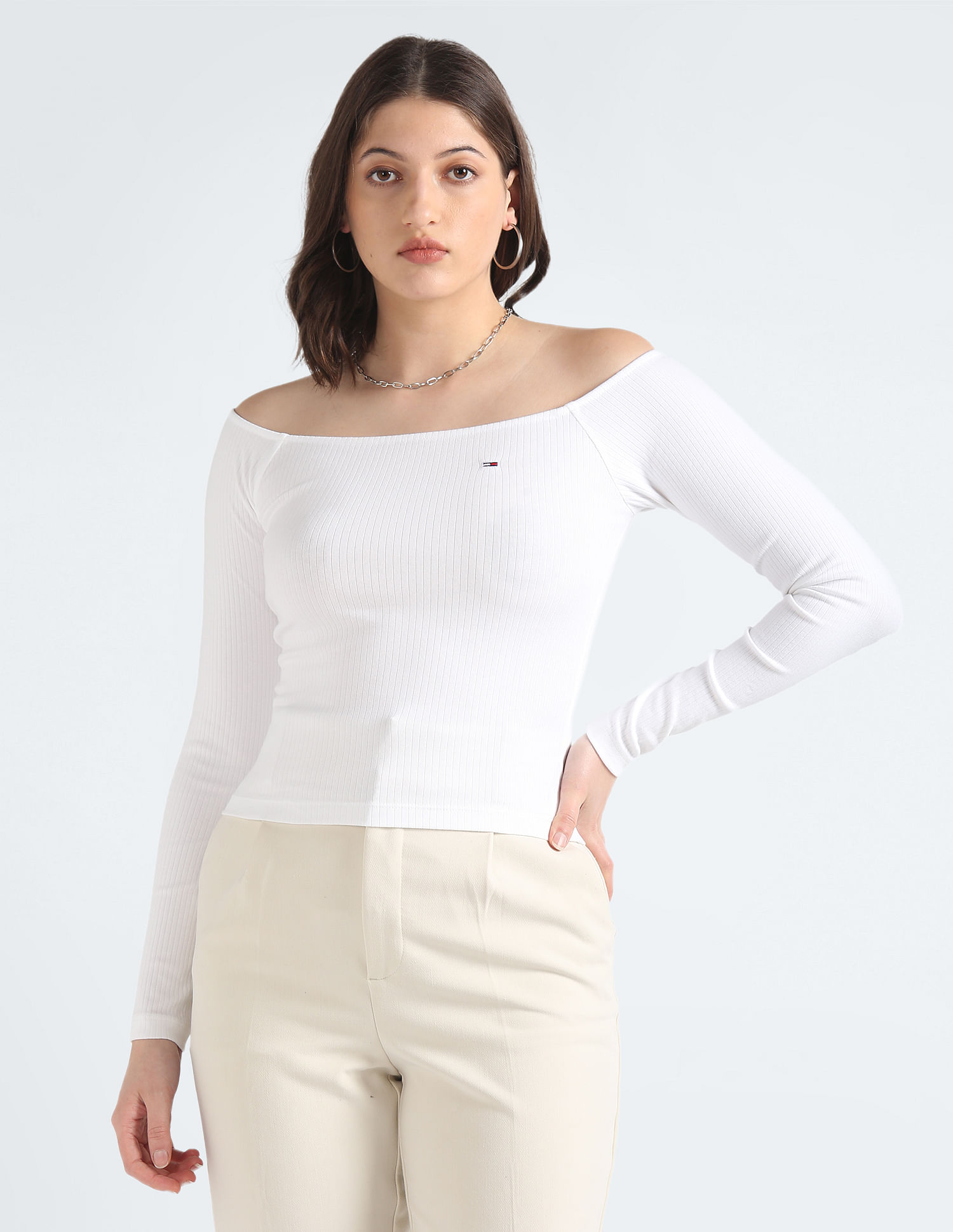 Tommy Hilfiger Slim Fit Ribbed Off Shoulder Top