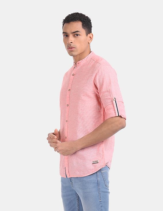 Buy Flying Machine Mandarin Collar Cotton Linen Shirt - NNNOW.com