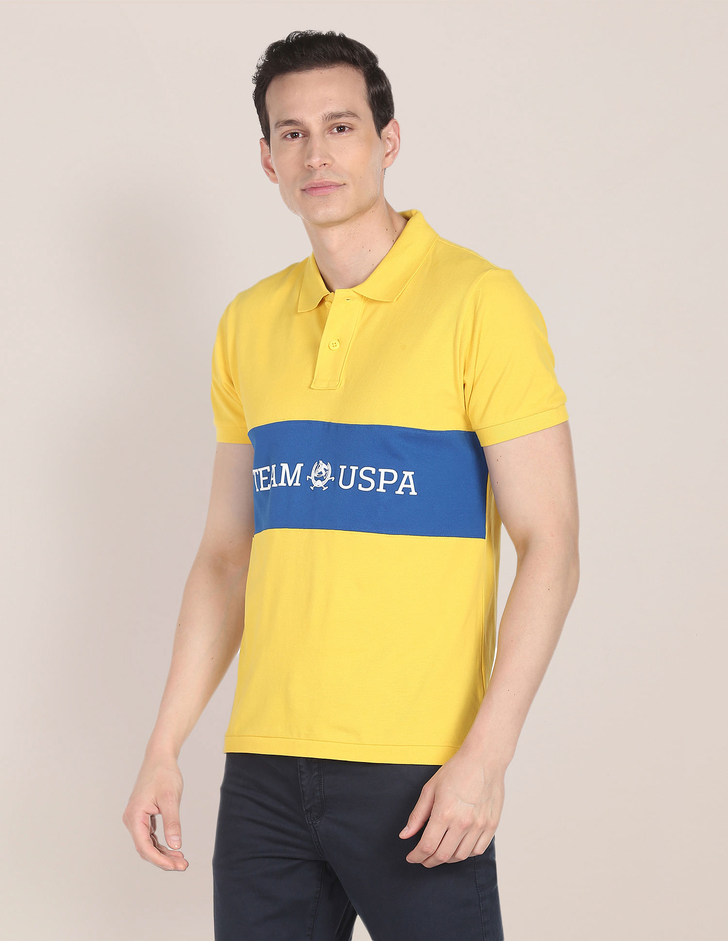 U.S. Polo Assn. Men Yellow Colour Block Cotton Polo Shirt