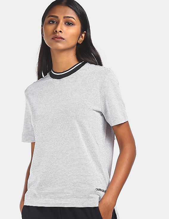 Buy Calvin Klein Women White Ribbed Round Neck Metallic Striped T-Shirt