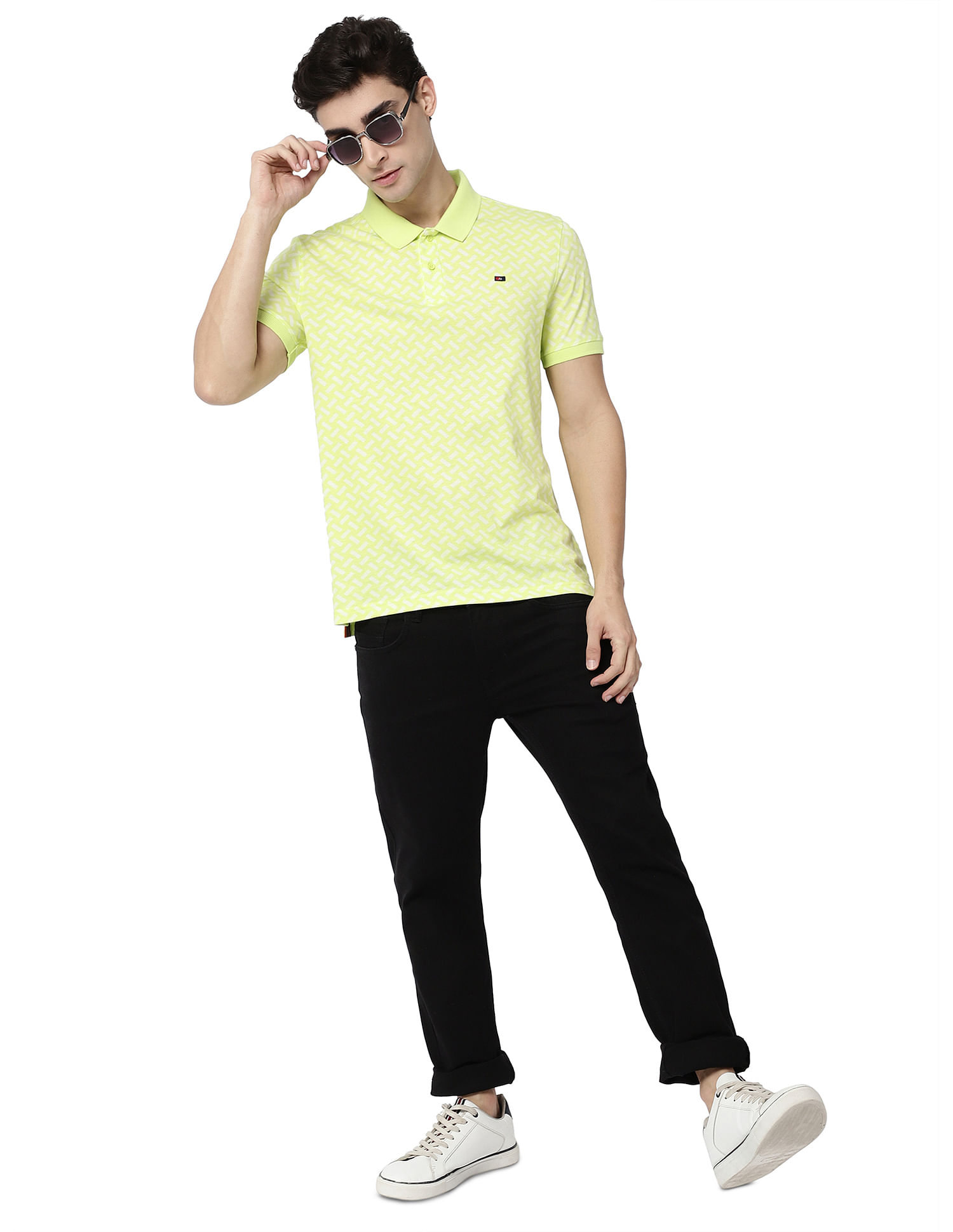 AD by Arvind Men Lime Geometric Print Cotton Polo Shirt