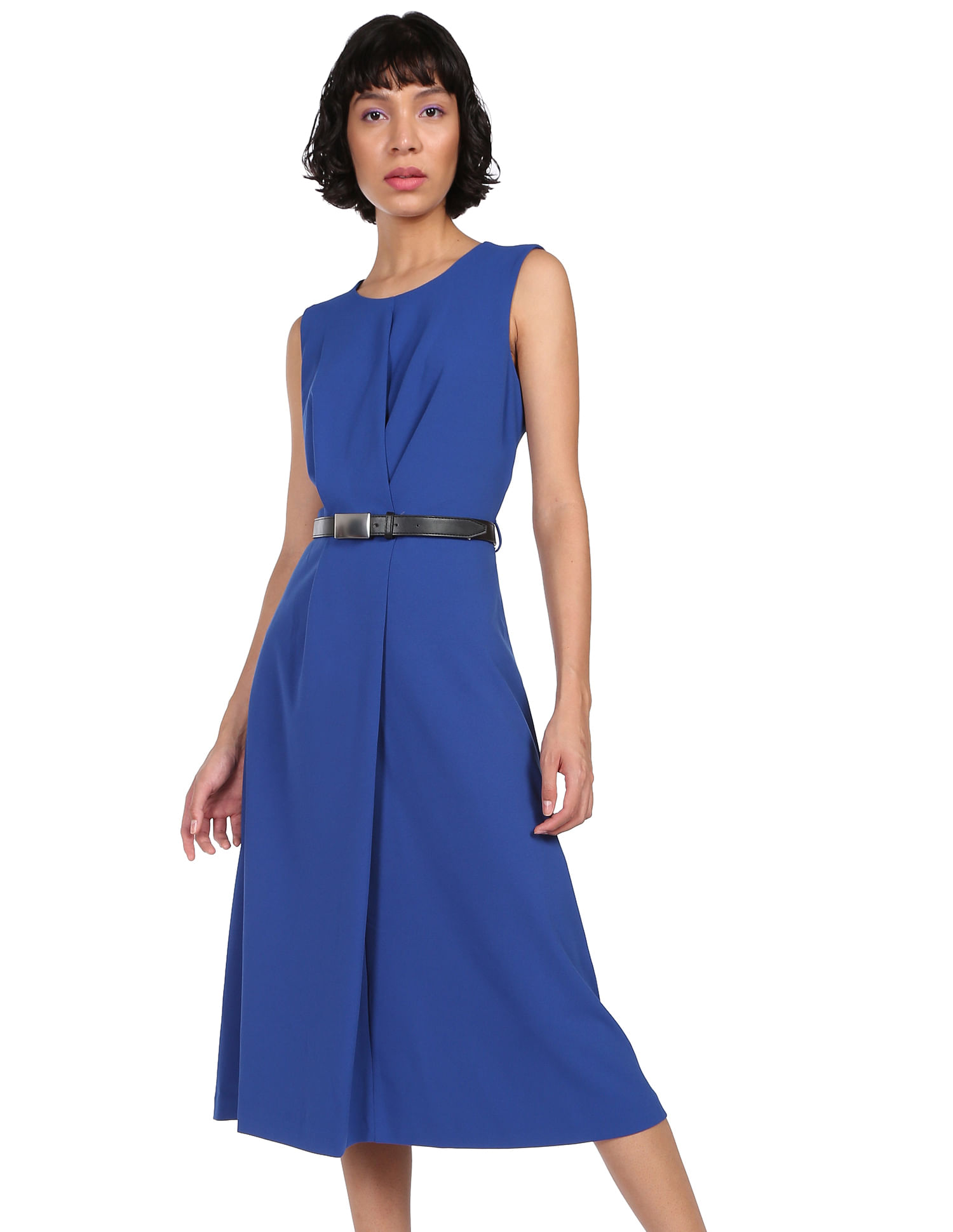 Buy Calvin Klein Women Blue Solid A-Line Belted Dress 