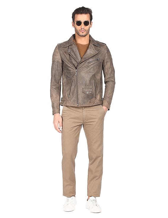 Buy Ed Hardy Men Brown Panelled Leather Biker Jacket - NNNOW.com