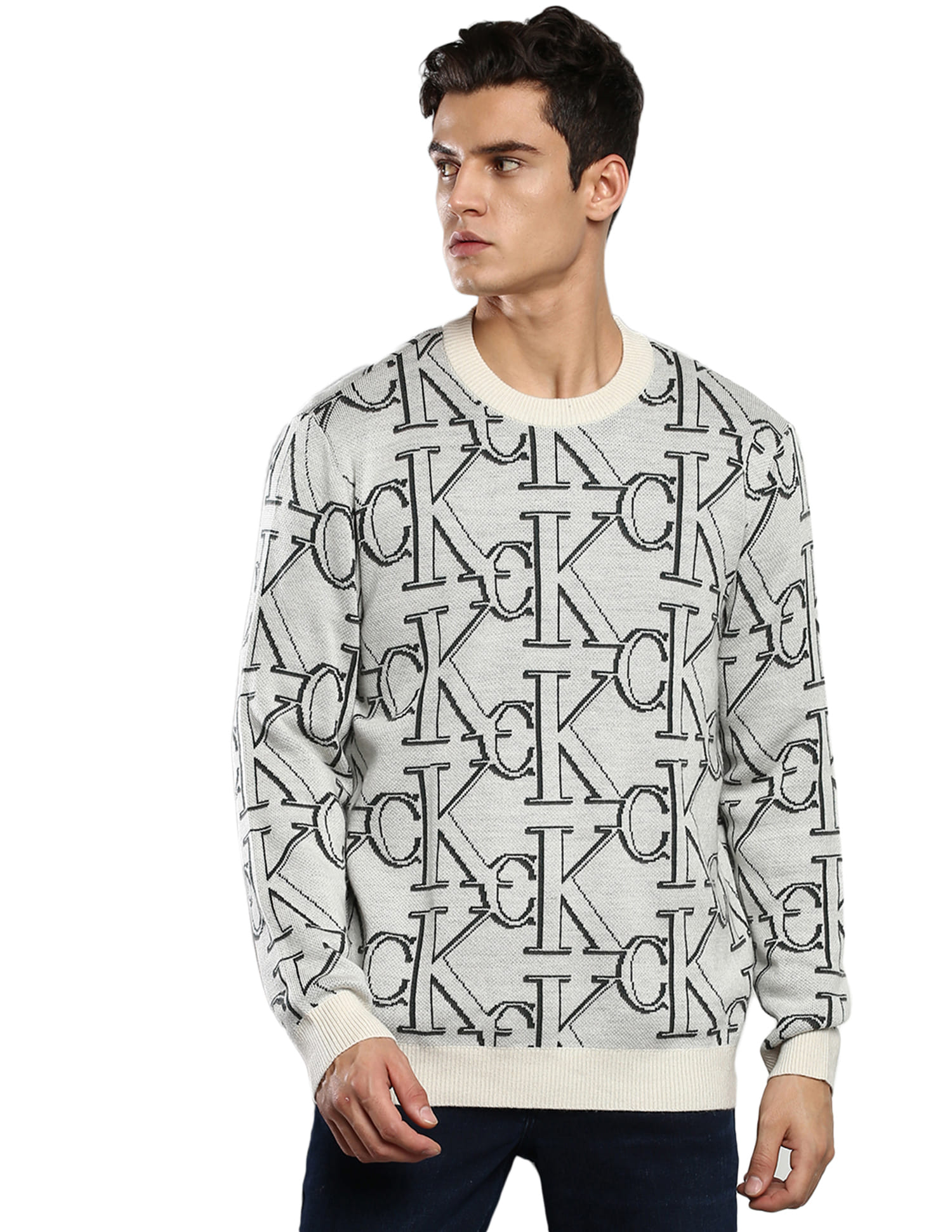 Buy Calvin Klein Men Beige Monogram Pattern Wool Sweater