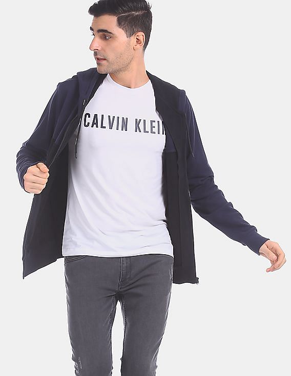 Buy Calvin Klein Men Navy And Black Zip Up Colour Block Hoodie 