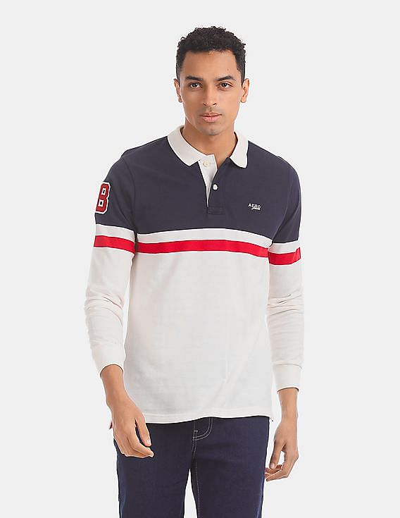 Aeropostale Navy And White Long Sleeve Colour Block Polo Shirt