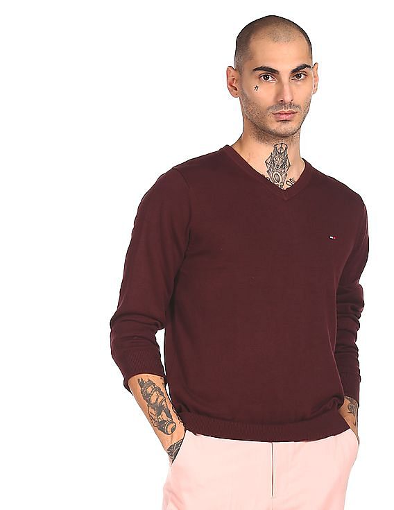 Maroon v neck sweater mens best sale