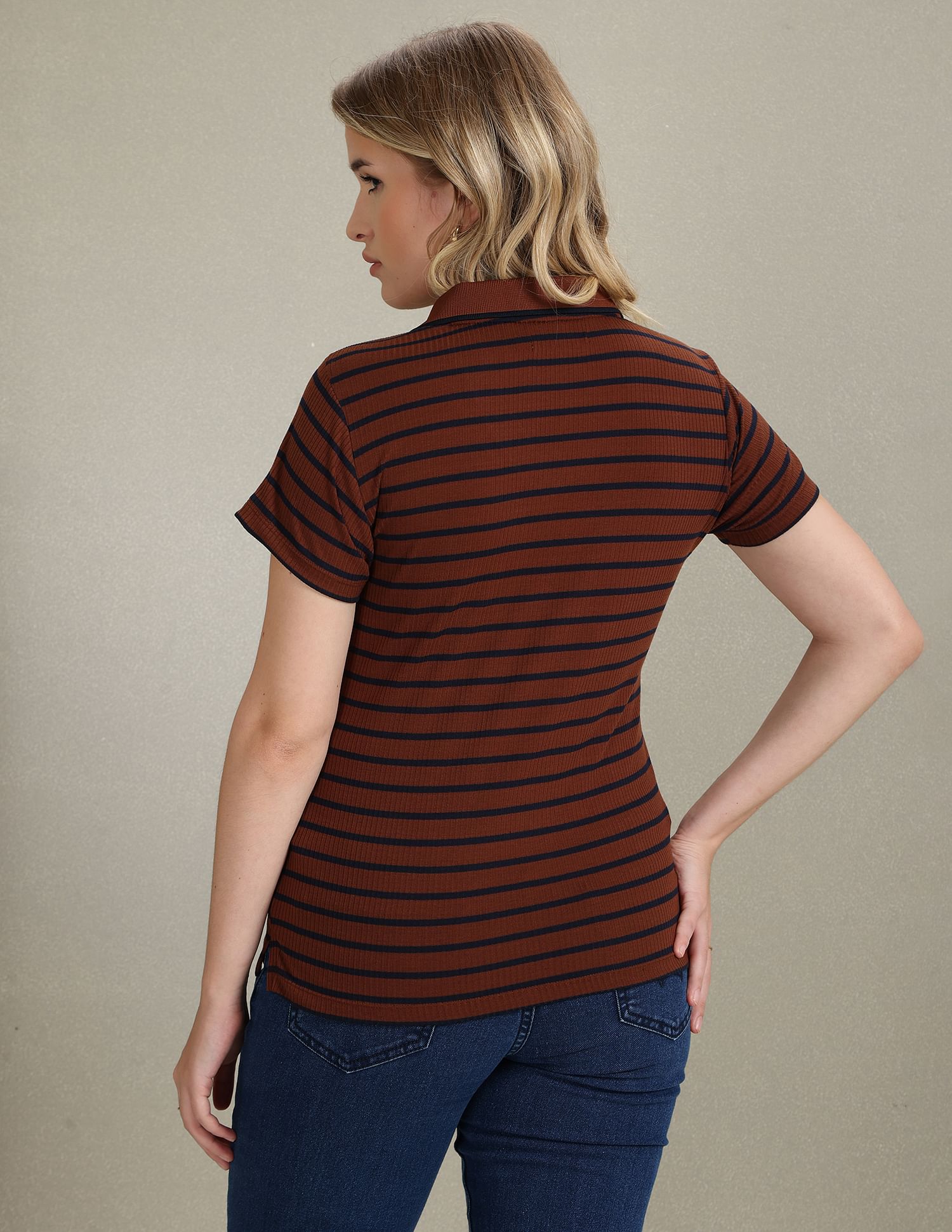 U.S. Polo Assn. Women Horizontal Stripe Ribbed Polo Shirt