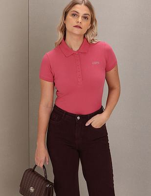 U S Polo Assn Women Brand Logo Solid Pique Polo Shirt